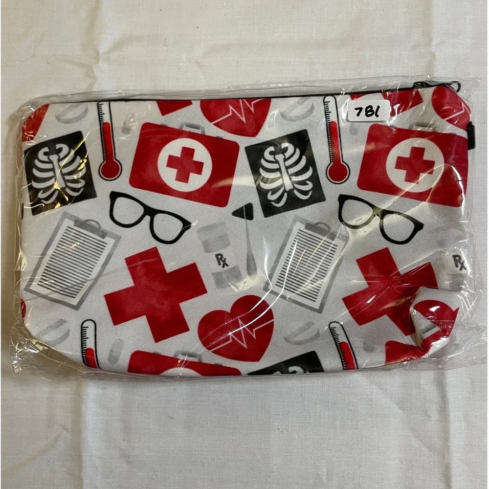 The Pouch Cosmetic Bag Red White NWT Medical Nursing Print Zipper Pouch